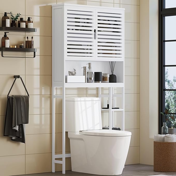 Over The Toilet Storage Cabinet, Bamboo Over Toilet Bathroom Organizer Cabinet with 2 Doors, Freestanding Home Space Save Toilet Rack for Restroom, Bathroom, Laundry, White