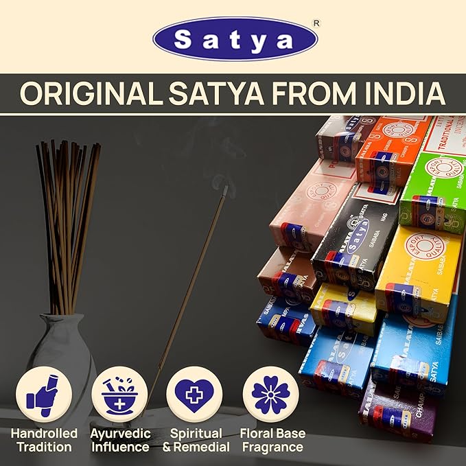 Satya Incense Sticks - Nag Champa, Namaste, Positive Vibes, Tantra, Buddha Blessing, Aura Cleansing, Chakra, Pyramids, Reiki, Karma, Spiritual, Traditional Ayurveda, Pack of 12 Assorted Fragrances
