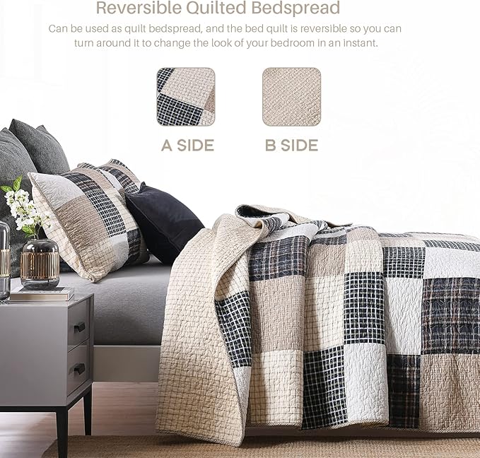 KALOOLA Patchwork Queen Quilt, 100% Cotton Lightweight Bedspreads Queen Size 3 Pieces, Tan Brown Beige Queen Quilt Bedding Set, Farmhouse Rustic Coverlet for All Season