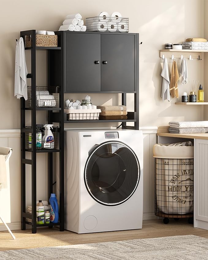 Over The Toilet Storage Cabinet with Doors - 7 Tier Bathroom Organizer with Adjustable Shelf, Freestanding Space Saver Rack Above Toilet Stand with 4 Hooks for Bathroom, Restroom, Laundry, Black