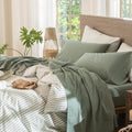 MooMee Bedding Sheet Set 100% Washed Cotton Linen Like Textured Breathable Durable Soft Comfy (Heathered Green, Full)