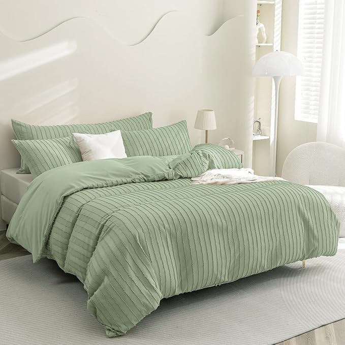 JELLYMONI Duvet Cover Full Size Light Green - 3PCS Boho Striped Duvet Cover Set Polyester Tufted Bohemian Textured Comforter Cover 80×90in with Corner Ties & Zipper and 2 Pillowcases