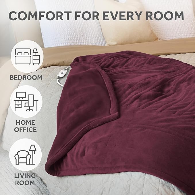 Sunbeam Electric Throw Royal Luxe Microplush Heated Blanket, 4 Heat Settings, 4-Hour Auto Shut-Off, Fast Heating, Warm and Cozy, Cabernet Red Color, 50" x 60"