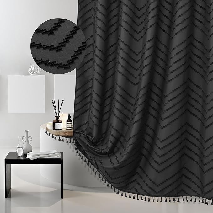 Extra Long Black Boho Chevron Shower Curtain with Tassel, Woven Fabric Shower Curtain, 72 x 96, Tufted Striped, Modern Chic Textured Shower Curtain Set Minimalist Bathroom Decor