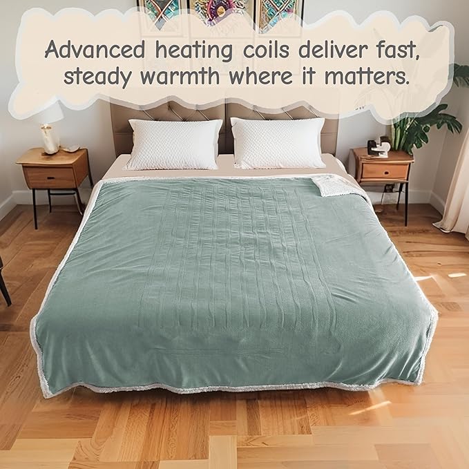 Electric Heated Blanket Twin Size 62"x84", Soft Flannel with Overheat Protection, 6 Adjustable Heat Settings & 10-Hour Auto-Off Timer, Fast Heating for Winter Comfort, Light Green