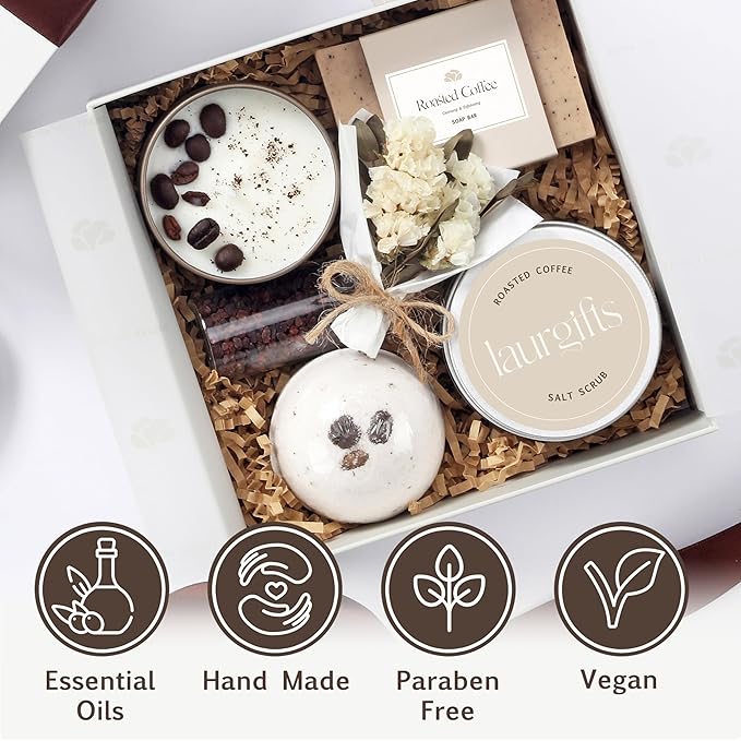 Coffee Spa Box for Women – Small Relaxing Self Care Basket with Coffee Scented Candle, Bath Bomb, Soap & Salt Scrub – Thoughtful Birthday, Thank You, Housewarming or Christmas Gift for Her
