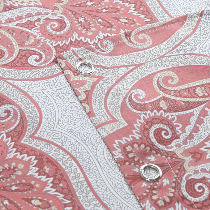 Extra Long Paisley Shower Curtain, Water Repellent Brushed Microfiber with Terracotta & Gray Bohemian Print, 12 Metal Grommets & Weighted Hem, 72x84 Inches