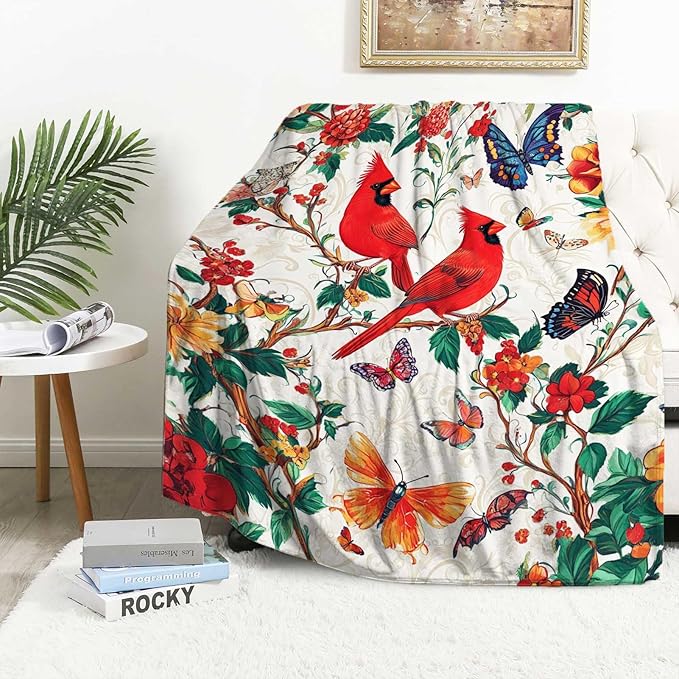 Red Cardinal Throw Blanket | Bird Blanket for Men and Women | Soft, Warm and Cozy Home Decor for Sofa, Couch, Bed and Living Room | 40"x50"