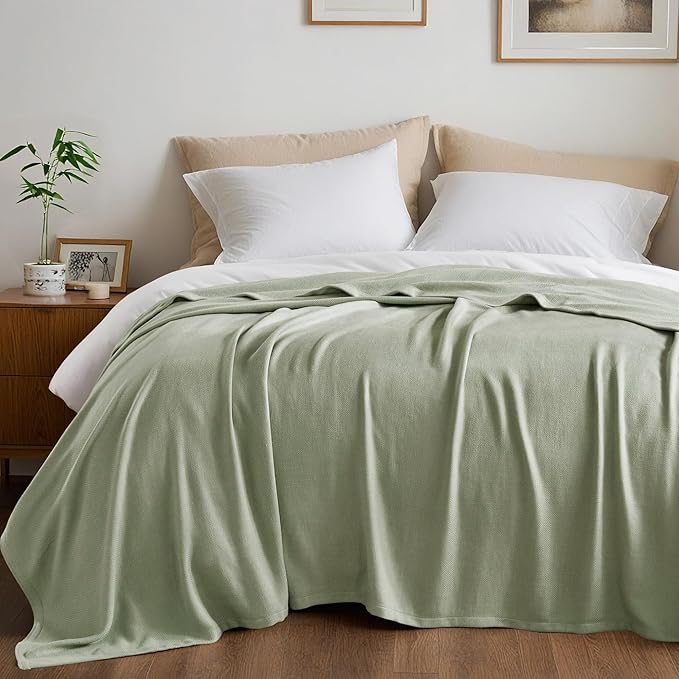 Twin Size Blanket, 70% Rayon (Derived from Bamboo) and 30% Cotton, Lightweight Jacquard Weave, Breathable and Soft Summer Blanket for Bed or Couch, 66” x 90”, Sage Green