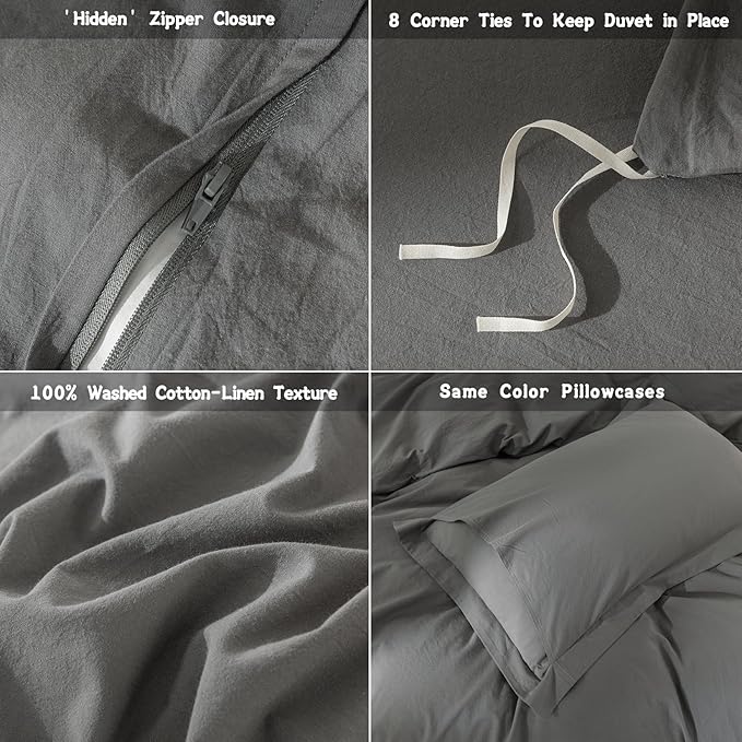 Dark Grey Duvet Cover California King Size Bedding Set Cover 100% Washed Cotton Duvet Cover with Zipper Closure and 2 Pillowcases, 104inch x 98inch