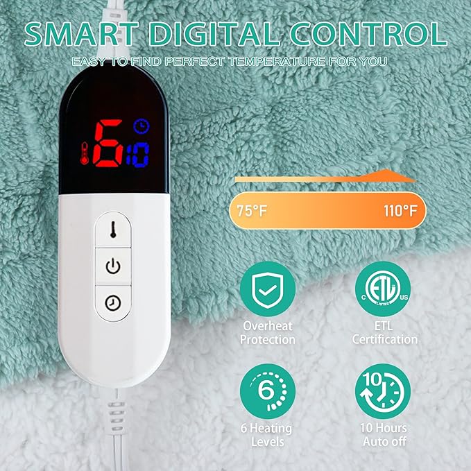 Electric Blanket, Heated Blanket with 6 Heat Levels & 10 Hours Auto Off, Soft Checked Flannel Fast Heating Blanket with ETL & FCC Certification (Green, 90"X100")