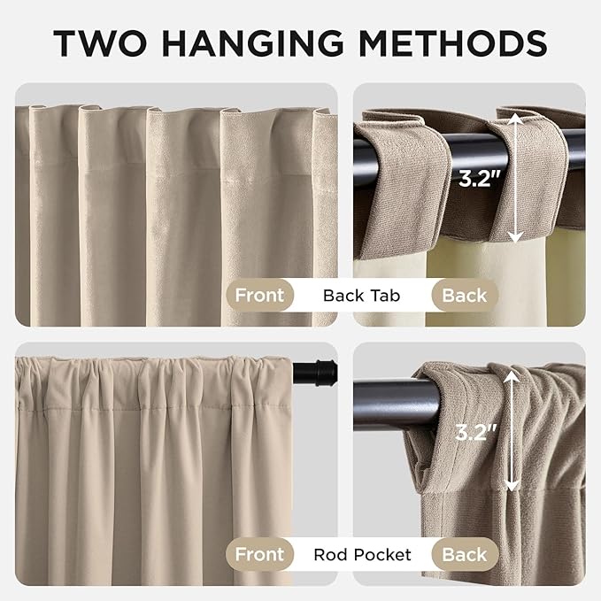 Joydeco Beige 100% Blackout Curtains 96 Inch 2 Panels, Luxury Thermal Beige Velvet Curtains for Bedroom Living Room, Soundproof Blackout Window Drapes, Rod Pocket & Back Tab (52W x 96L)