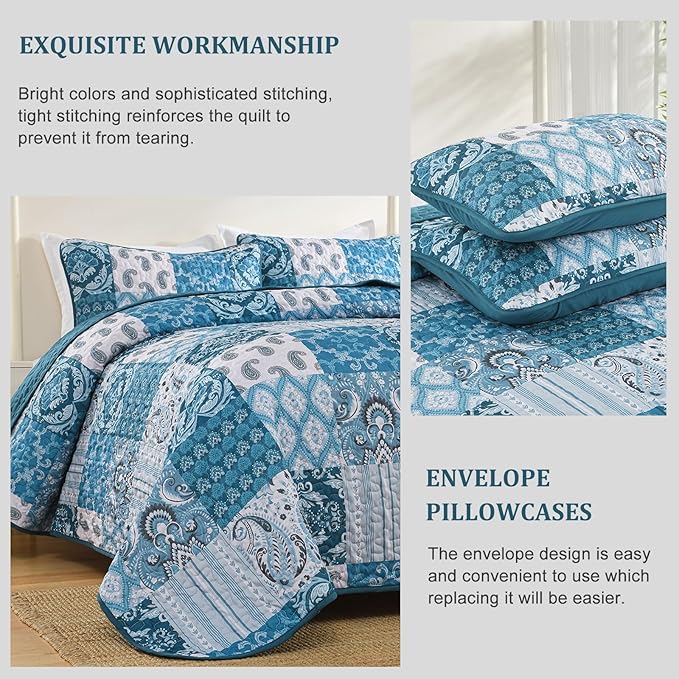 WONGS BEDDING Boho Quilt Set Queen Size,Teal Blue Plaid Patchwork Bedspread Bedding Set Soft Microfiber Quilt for Queen Bed Reversible 3 Pieces Coverlet Set for All Season (96"x90")