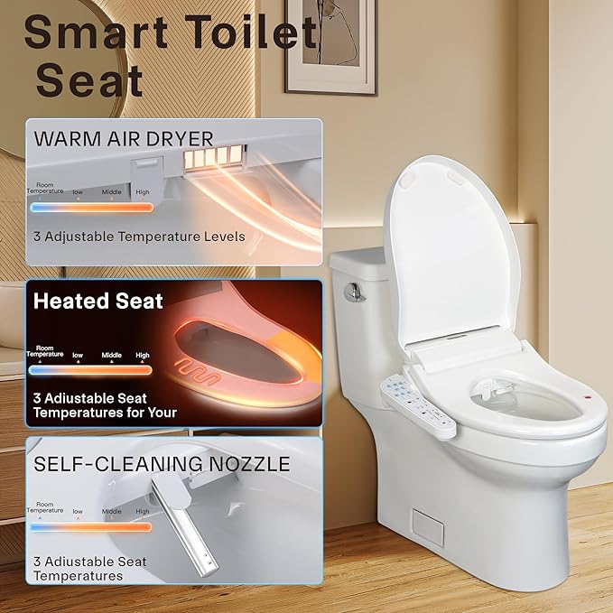 KERDE P30A Electric Bidet Toilet Seat with Auto Flush & Dual-Control (Remote+Panel) – Heated Seat, Warm Water Wash, Self-Cleaning Nozzle, Universal Fit for Elongated Toilets (Remote+Armrest)