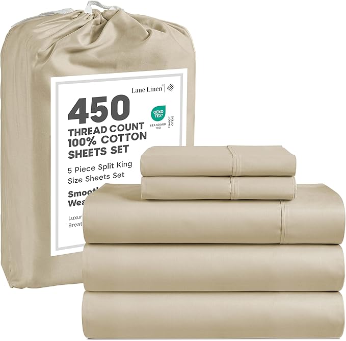 LANE LINEN Split King Sheet Sets – 450 Thread Count 100% Cotton Sheets, Soft & Breathable Sateen Weave, 15” Deep Pocket Fully Elasticized Fitted Sheet, Fade-Resistant Hotel Bedding, Linen