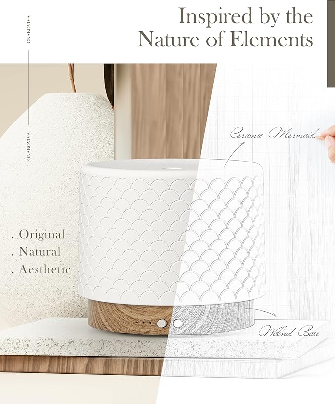 Essential Oil Diffuser, Aesthetic Ceramic Diffusers for Essential Oils,Ultrasonic 280ml Aroma Fragrance Diffuser with Cool Mist Humidifier Deffuser for Home,Office,Yoga,Bathroom