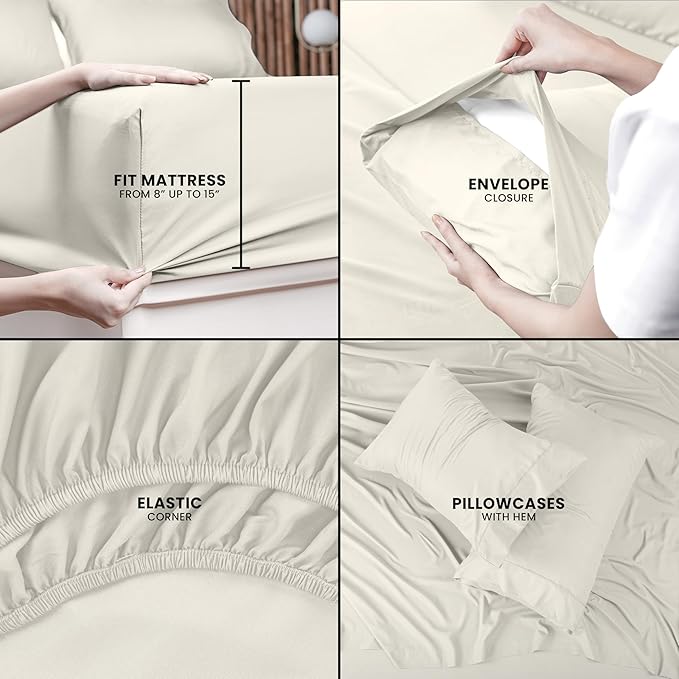 Utopia Bedding Queen Sheet Set – 4 Piece Bed Sheets for Queen Size Bed, Soft and Breathable Microfiber, Includes 1 Fitted Sheet, 1 Flat Sheet and 2 Pillowcases (Ivory)
