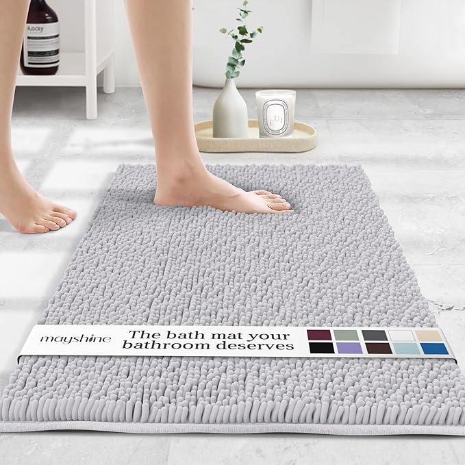 MAYSHINE Plush Shaggy Chenille Bath Mat | Extra Soft, Super Absorbent, Non-Slip Bathroom Rug | Fluffy Microfiber, Area Rug Sets for Bathroom Floor, Kitchen, Living Room | 24"x17" | White