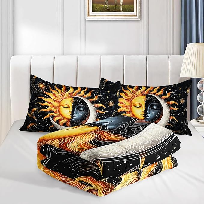 Sun and Moon Bedding Set King Size,Yellow Galaxy Celestial Bedding for Kids Boys Girls Teens Room Boho Decor,Black and Yellow Fluffy Comforter Sets with 2 Pillowcases.