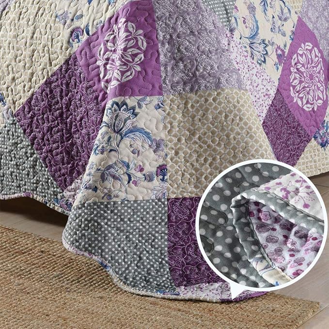 ENJOHOS King Size Quilt Set - 3 Pieces Purple Patchwork King Quilt with 2 Pillowcases, Lightweight Reversible Country Bedspread with Floral Design