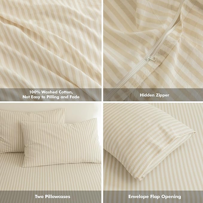 FOSSA Striped Duvet Cover Set 100% Washed Cotton Linen Feel Super Soft Breathable Cozy 3 Pieces Bedding Sets Almond Milk Grey Classic Stripes King