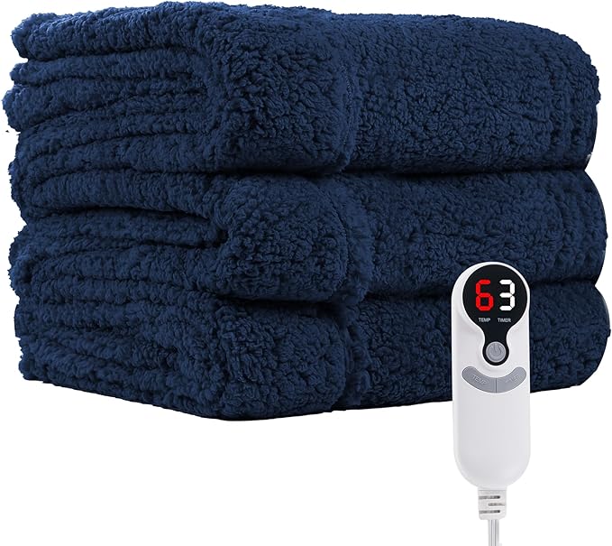Electric Heated Blanket 6 Heating Settings & 3 H Auto Off Throw Size 50×60 Double Sided Plush Sherpa Ultra-Soft Warm Thick, Machine Washable, Fast Heating, Home Office Dark Blue