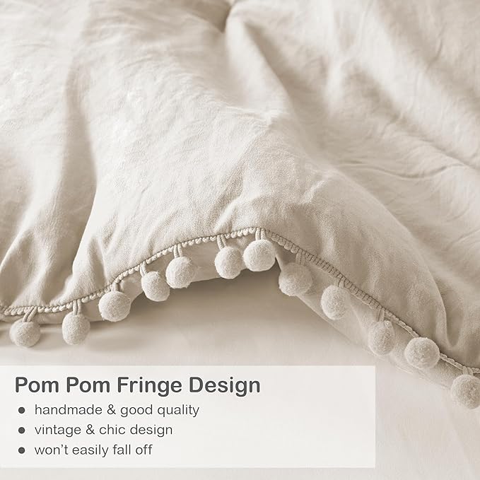 Codi Beige King Comforter Set - Boho Chic Bedding with Elegant Pom Fringe, Soft Washed Microfiber 3pc Luxury Set, Lightweight & Breathable for Master Bedroom, 1 Comforter & 2 Pillow Shams