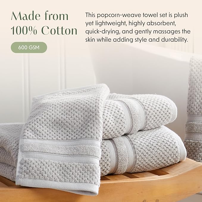 Springtree Home Grey Bath Towels Set of 6 | Popcorn Textured | 100% Combed Cotton | Absorbent Quick-Dry Gray Towels for Bathroom | Oeko-TEX® Standard 100 Cotton | Poli Collection - High Rise Grey