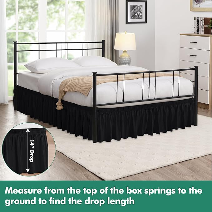 Biscaynebay Wrap Around Bed Skirts with Split Corners for King Beds 14" Drop, Black Elastic Dust Ruffles Adjustable Easy Fit Wrinkle & Fade Resistant Silky Luxurious Fabric Machine Washable