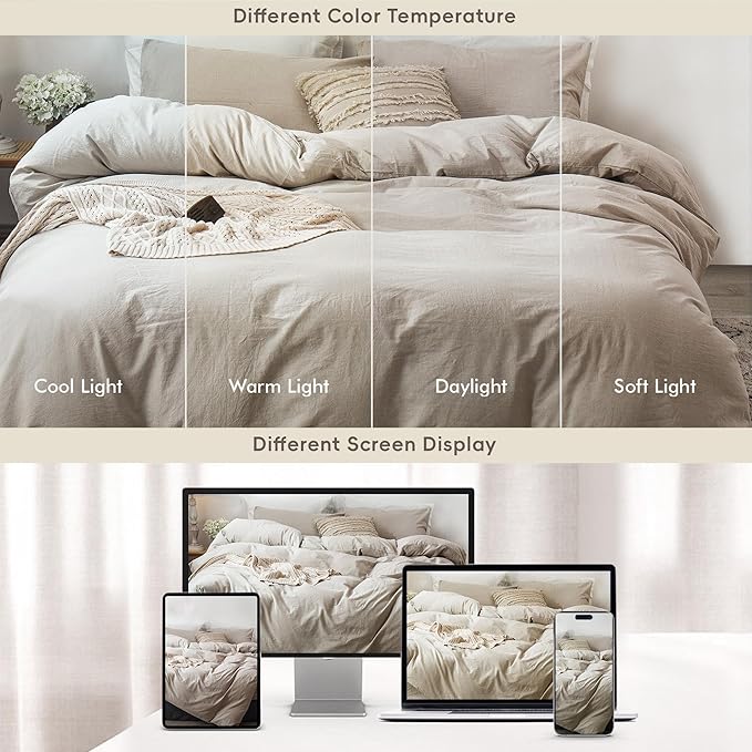 MooMee Bedding Duvet Cover Set 100% Washed Cotton Linen Like Textured Breathable Durable Soft Comfy (Heathered Tannish Linen Grey, Oversized Queen 98"x98")