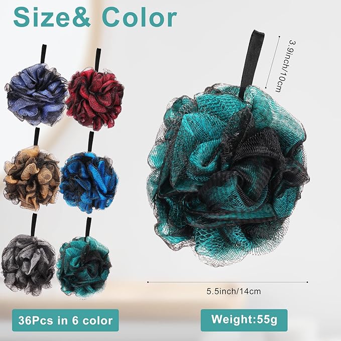 Sunnyray 36 Pcs 50g Bath Shower Loofah Sponge Bamboo Charcoal Shower Ball Body Scrubber Exfoliating Bath Sponge Bath Mesh Pouf for Women and Men Soothing Face and Body Exfoliator, 6 Color