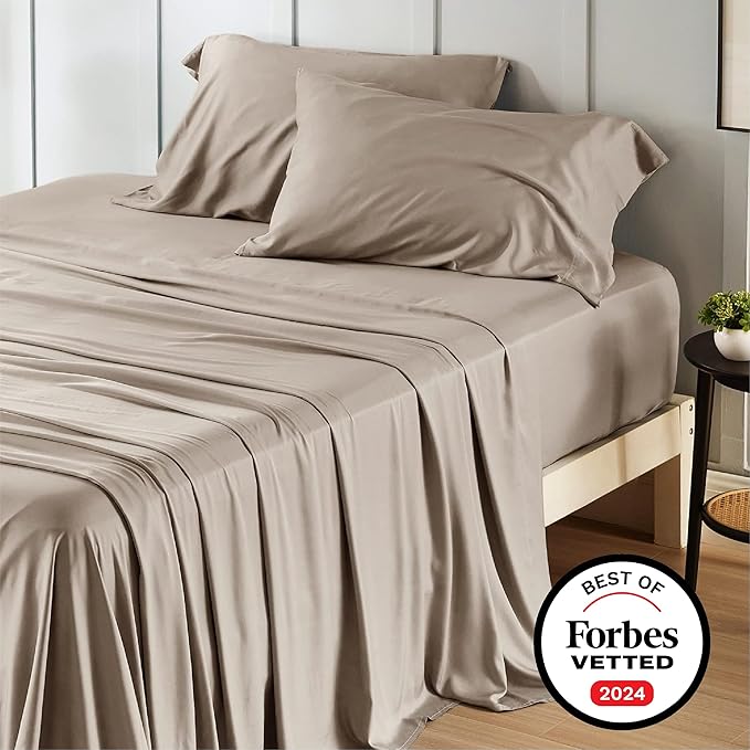 Bedsure California King Sheet Sets, Cooling Sheets, Rayon Derived from Bamboo, Deep Pocket Up to 16", Breathable & Soft Bed Sheets, Hotel Luxury Silky Bedding Sheets & Pillowcases, Simply Taupe