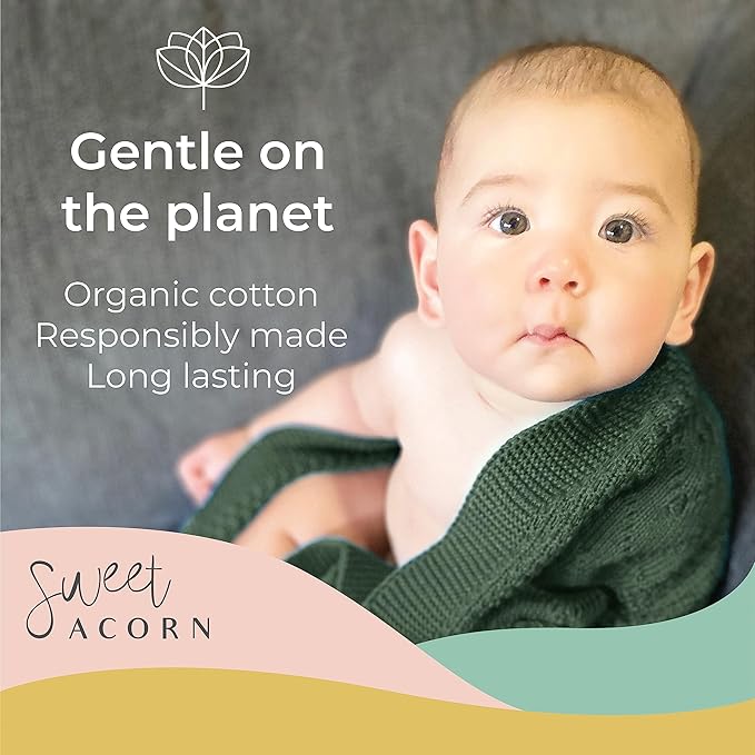 Knit Baby Blanket in Elegant Pattern, Organic Cotton Blankets for Crib or Stroller, Receiving Blankets - Juniper Green