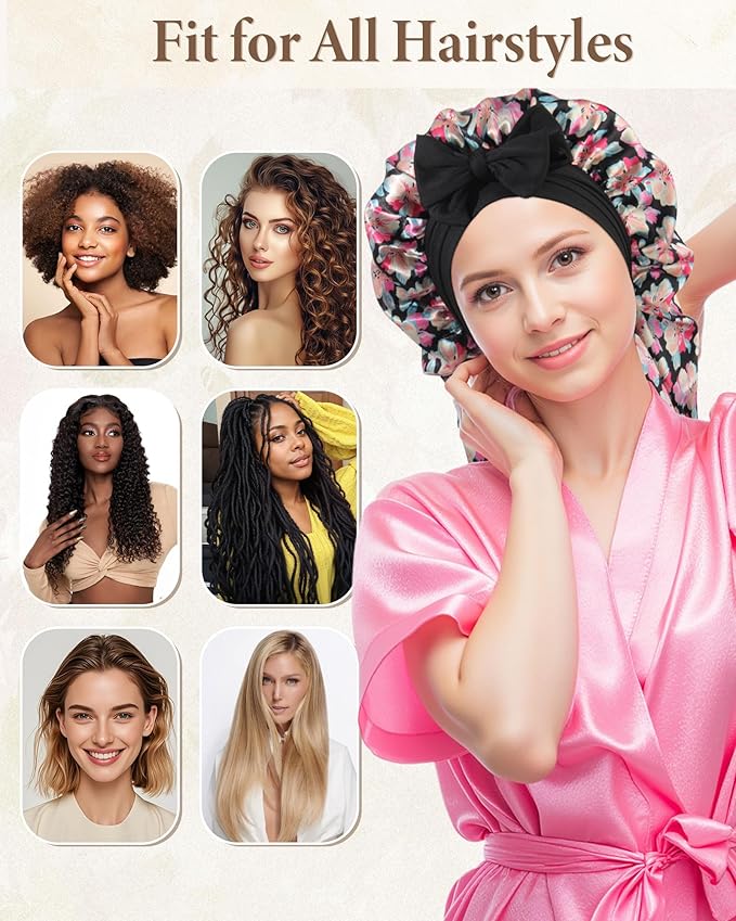 AWAYTR Long Satin Bonnet for Sleeping, Reversible Double Layer Hair Bonnet with Elastic Tie Band (Ink Floral Print+Black)