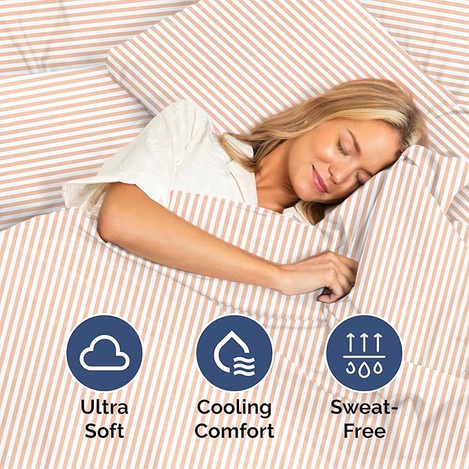 Queen Size 4-Piece Sheet Set - Extra Soft, Breathable & Cooling - Hotel Luxury Durable Bed Sheets - Deep Pockets, Easy-Fit & Wrinkle-Free - Blush Stripes Oeko-Tex