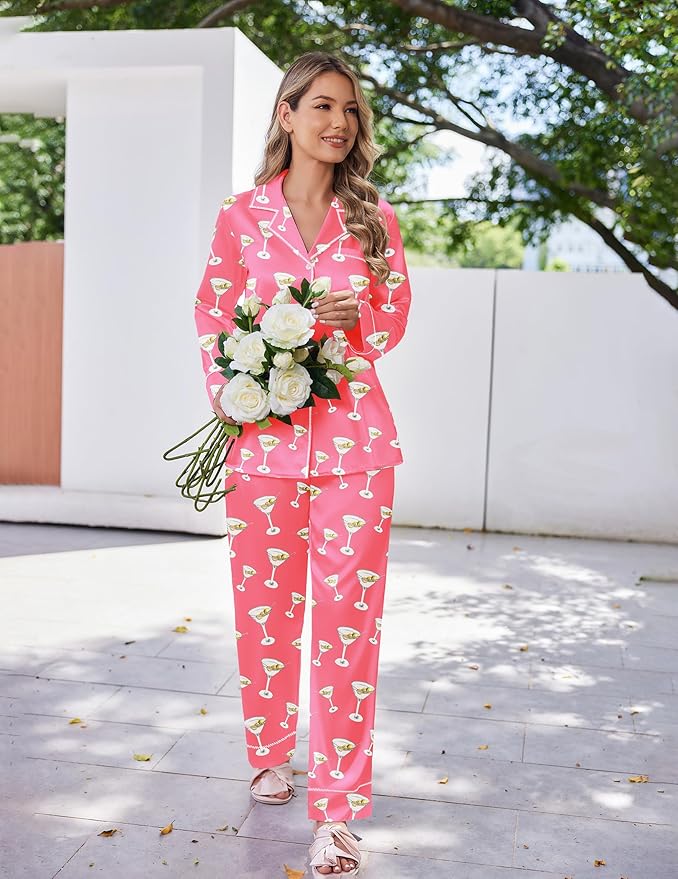 Ekouaer Satin Pajama Set for Women Silky Sleepwear Long Sleeve Top and Pants Button Down Pjs Lounge Set