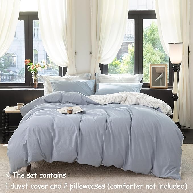 Reversible Duvet Cover Set 100% Washed Cotton Sky Blue Stripe Linen Feel Duvet Cover Queen Size with Zipper Closure & 2 Pillow Shams,Sky Blue/White Stripe Reverse Solid Sky Blue