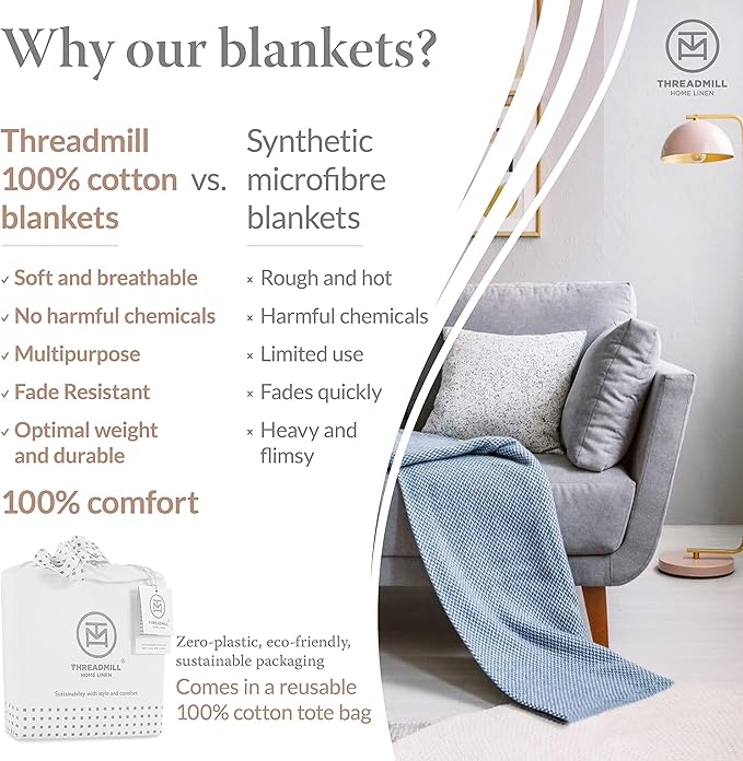 Threadmill Luxury Cotton Blankets for Twin Size Bed | All-Season 100% Cotton Twin Blanket for Bed | Herringbone Soft & Cozy Fall Thermal Blanket, 350GSM, 68x92 inches | Lilac