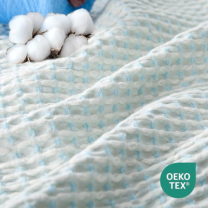EGOHOME 100% Cotton Waffle Blanket Twin Size for Bed-Breathable and Lightweight,Soft Dual-Tone Textured Jacquard Waffle Weave Blankets for All-Seasons,Angel Falls Blue,60 x 80 Inches
