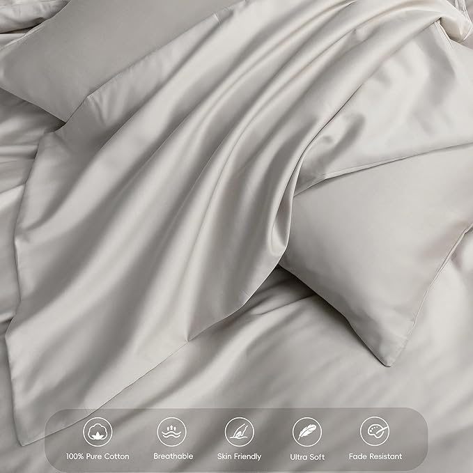 MooMee Duvet Cover Set 100% Extra Long Staple Cotton 600 Thread Count Silky Sateen Smooth Luxury Soft Breathable Durable Hotel Quality Bedding, 3 Pieces (Silver Gray, Queen 90"x90")