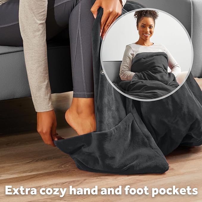 Sunbeam Ultimate Cozy Royal Posh Velvet Hand & Foot Pocket Heated Throw Electric Blanket, 50" x 72", 4 Heat Settings, 4-Hour Auto Shut-Off, Warming Throw for Couch or Bed, Machine Washable, Night Fog