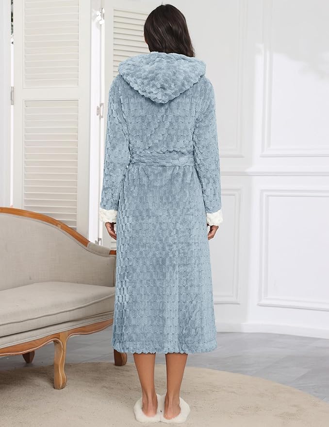 Ekouaer Womens Plush Robes Long Soft Jacquard Fluffy Bathrobe Hooded Robe Sleepwear with Pockets