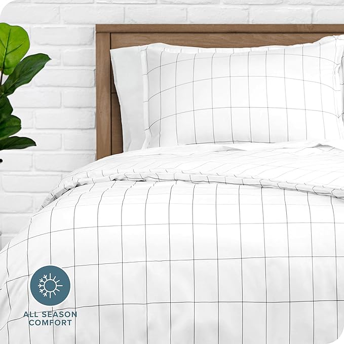 Bare Home Duvet Cover - Oversized Queen Size Bedding Set - Premium 1800 Super Soft Collection - Lightweight, Cooling - Soft Breathable Duvet Cover (Oversized Queen, Grid - White/Grey)