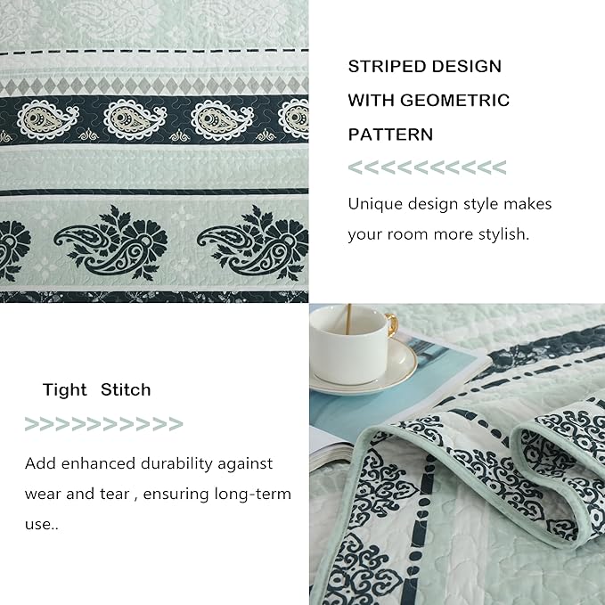 Green Queen Comforter Set, Cotton Quilt, Green Bedding Comforter Sets, Striped Pattern Queen Bedspread, Lightweight Reversible Coverlet All Season