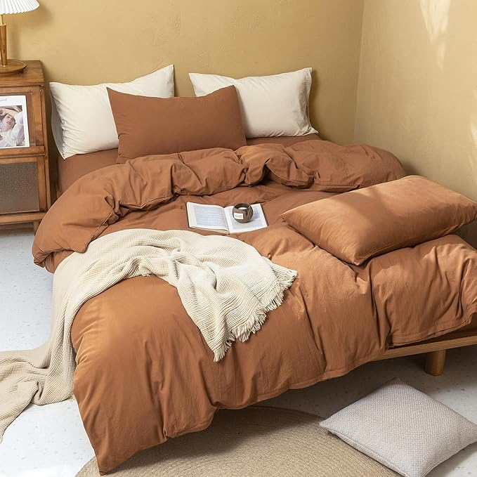 FOSSA Linen Duvet Cover Set 100% Washed Cotton Linen Feel Super Soft Breathable Cozy Simple Style 3 Pieces Bedding Sets Solid Dark Orange Super King Plus