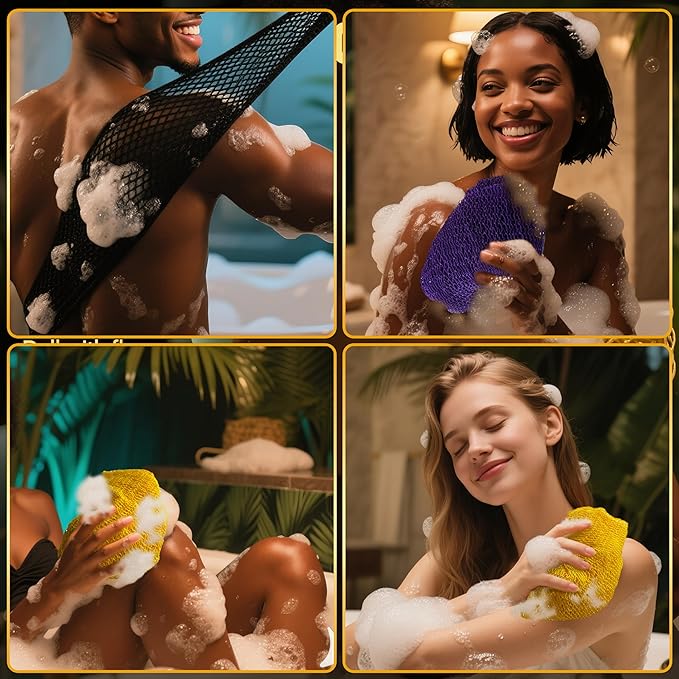 African Net Sponge Authentic,3Pack Loofah Exfoliating Body Scrubber Bath Sponge, Back Scrubber Washcloth for Shower,Gentle Exfoliator and Rich Lather for Women and Men (Black、Yellow、Purple)