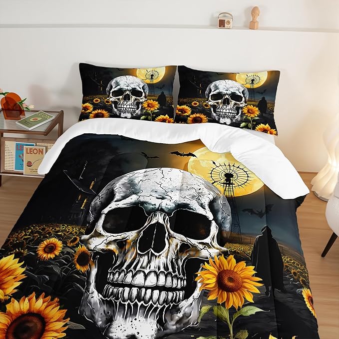 Skull Comforter Set for Gothic Decor Bedroom,Sunflower Floral Bat Print Bedding King Size Comforter Set for Kids Boys Girls,Dark Night Halloween Horror Bedding Set with 2 Pillowcases.