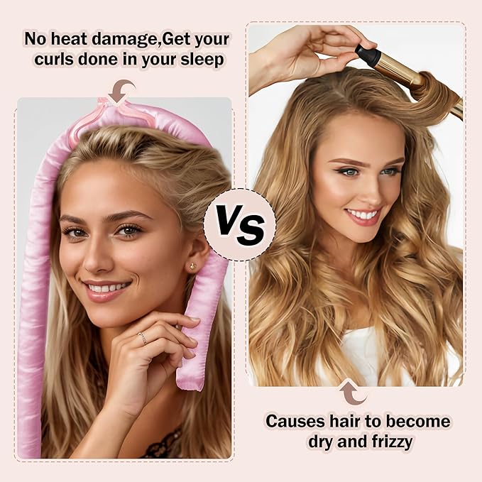 Heatless Hair Curler,Blowout Heatless Curls Overnight,No Heat Curling Rod Set with Satin Bonnet for Sleep in,Pink