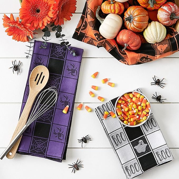 DII Halloween Collection Embellished Dishtowel Set, 18x28, Woven Check 3 Piece