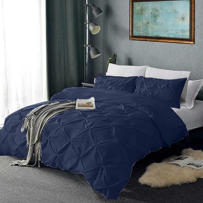 Pinch Pleated Duvet Cover Set 100% Brushed Microfiber 3PC Oversize Size 98x120 Duvet Cover Set, Decorative Pinch Design Navy Blue Duvet Cover with Matching Pillow Case